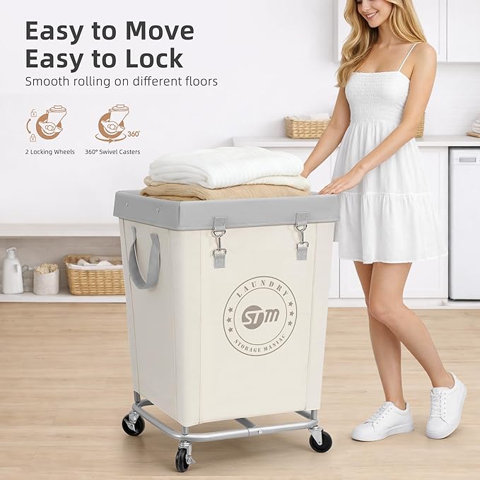 STORAGE MANIAC Commercial Laundry Hamper with Heavy Duty Steel Frame, 160 L Industrial Clothes Basket Cart with Wheels for Hotel, Home, Laundry Room, 18''L x 18''W x 31''H, Medium Beige