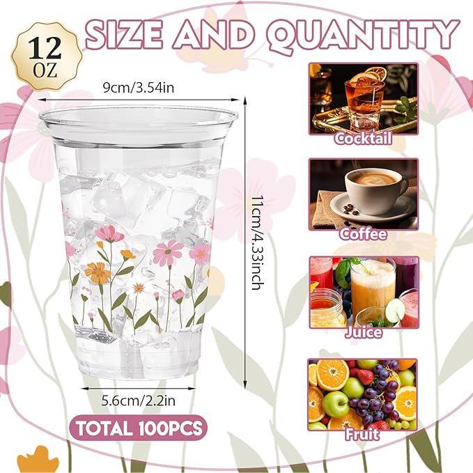 100Pcs Flower Plastic Party Cups, 12oz Flower Disposable Clear Cups for Spring Parties, Picnics, Holiday Gatherings, Floral Theme Birthday Party Drinking Supplies