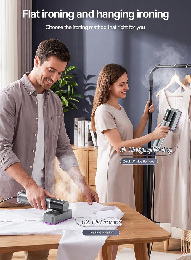 Steamer for Clothes, 1200W Clothes Steamer Handheld, 2 in 1 Travel Steamer Iron with LED Display, 15s Fast Heat Up, 4 Modes, 25g/min Steam, Portable Garment Steamer, 120V, Black Purple