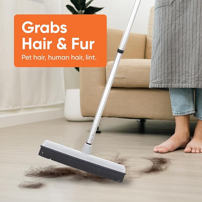 Rubber Bristle Broom for Floors Salon Broom, Rubber Squeegee Broom, Rug Broom, Rubber Rake for Human Hair, Pet Hair, Fur, Lint, Liquid, with 3-Part Handle, Grey
