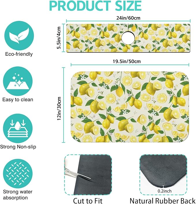 Dish Drying Mat for Kitchen Counter Matt, 2PCS 19"x12" Dish Drainer Mat & 24"x5.5" Sink Splash Guard, Super Absorbent Non-slip Rubber Backed