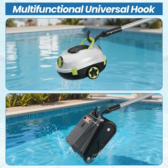 Y20 Robotic Pool Cleaner Black+Retrieval Hook, Cordless Pool Vacuum for Above Ground & Inground Flat Pools with 150 Min Runtime, Auto-Parking, Up to 1300 Sq.Ft