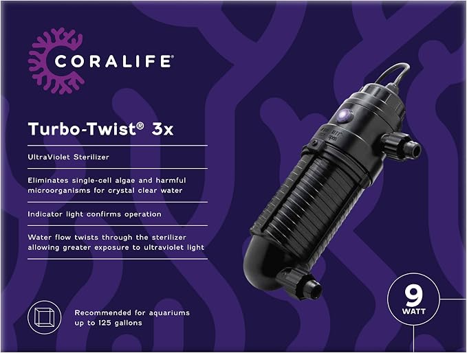 Coralife Aquarium Fish Tank Marine Salt Water Turbo-Twist UV Sterilizer 3X, For up to 125 Gallons
