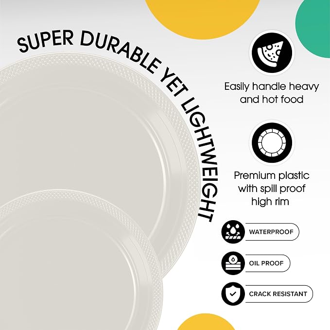 Exquisite Party Solids Ivory Plates Disposable Ivory Plastic Plates 100 Pieces - 50-7" & 50-9" Heavy Duty 350 GSM Disposable Dinnerware Sets, Plastic Dinnerware Sets
