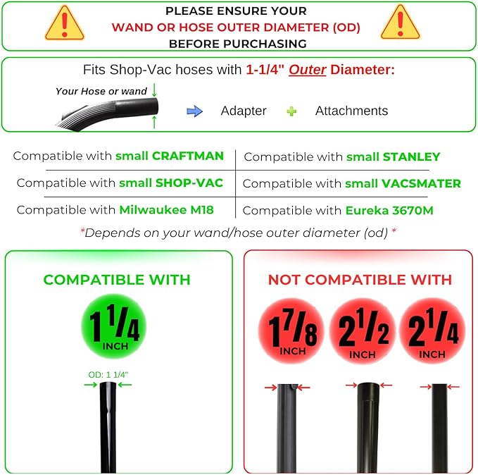 Universal 1.25 Inch (32MM) Vacuum Brush Attachments with Hose Adapter Kit for Shop Vacs Hose 1-1/4'' - 1.25 Vacuum Accessories for Small Shop Vacs