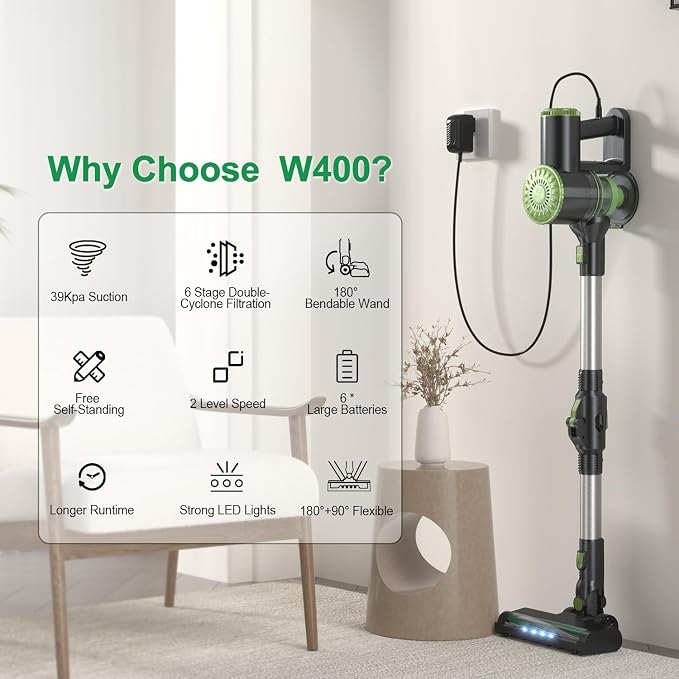 PRETTYCARELIFE 6-in-1 Cordless Vacuum Cleaner,Stick Vacuum with 180° Bendable Wand,High Power/Powerful Suction/Long Runtime,Self-Standing Wireless Vacuum for Hardwood Floor (Green)