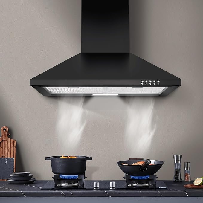 SNDOAS Range Hood 24 inch, 450 CFM Black Range Hood Wall Mount, Ducted/Ductless Convertible Kitchen Vent Hood, Chimney-Style Hood Vents for Kitchen with 3-speed, Push Button & Mesh Filters