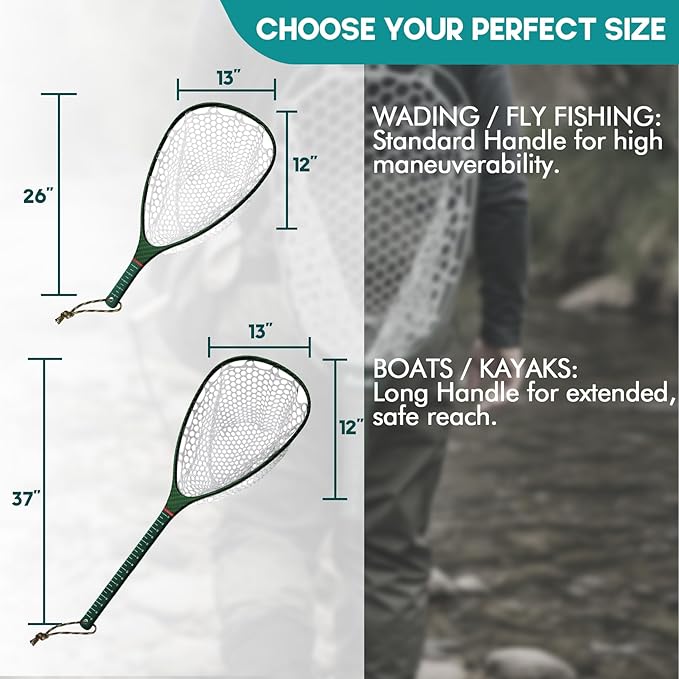 Riverruns Fly Fishing Landing Net Carbon Fiber Trout Net with Measurement Handle, Soft Rubber Mesh - 26" Standard (Wading) / 37" Long (Kayak)