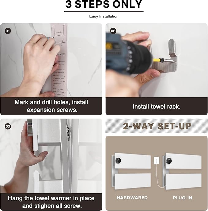 K&KALONZO Electric Towel Warmer, 18.35" W x 14.6" H Wall-Mounted Towel Heater with Built-in Timer, Waterproof Aluminum Towel Warmer for Bathroom, Support Plug-in and Hardwired, White, K2-L-W