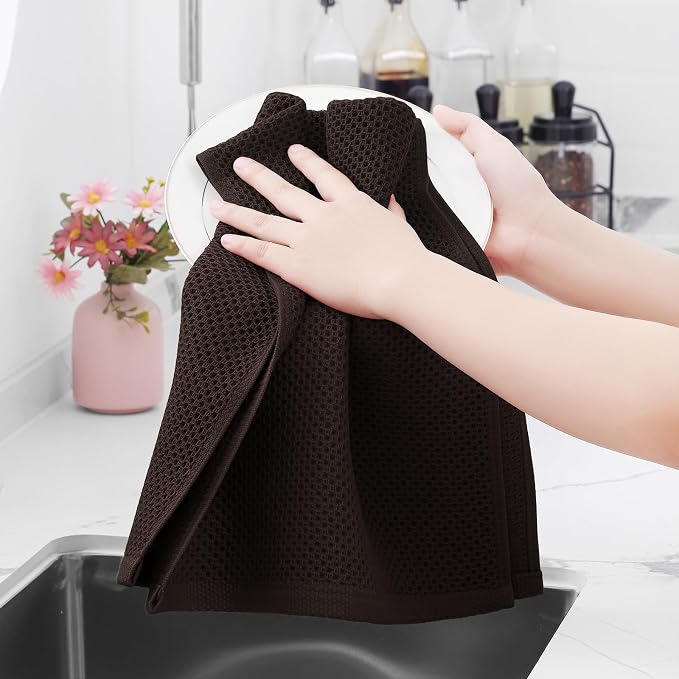 Homaxy 100% Cotton Waffle Weave Kitchen Dish Towels, Ultra Soft Absorbent Quick Drying Cleaning Towel, 13 x 28 Inches, 24-Pack, Dark Brown