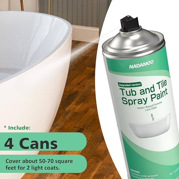 NADAMOO Water-Based Tub and Tile Spray Paint, Less Irritating Odor Aerosol Refinishing Paint for Bathroom Porcelain Bathtub Sink, 4 Cans, Semi-Gloss White