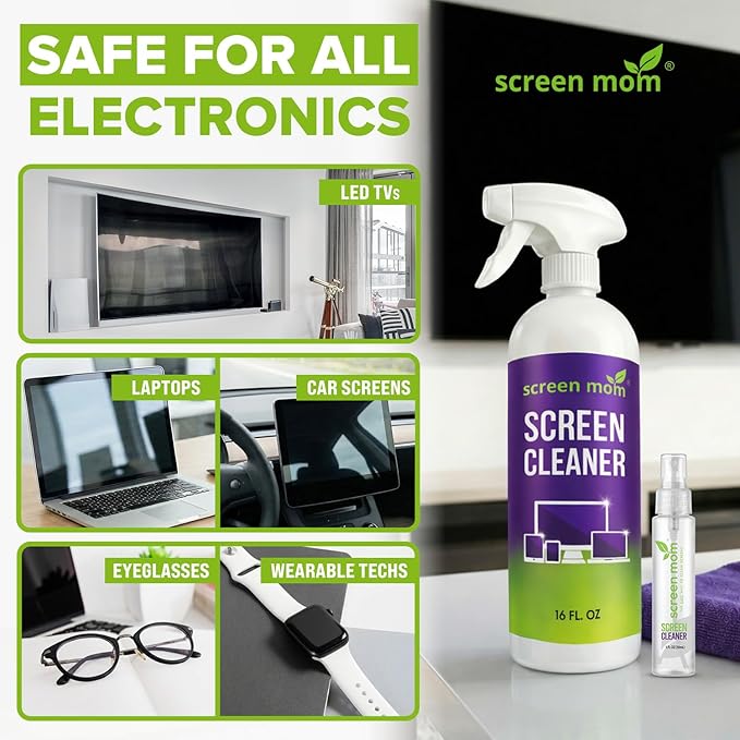 Screen Mom Ultimate Cleaning Kit - 16oz & 3 Pack 1 Oz TV Screen Cleaner Spray with Microfiber Cloth, Monitor Spray Cleaners Wipes Set for TV, Laptop, Car, Phone, iPad, Computer Cleaning Kit