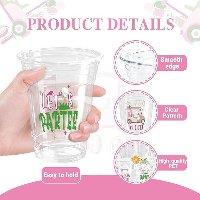 100 Pack Pink Golf Plastic Cups 12 oz Green Golf Ball Disposable Cups Spring Party Favor Drinking Cold Beverage Cup for Sports Birthday Party Supplies