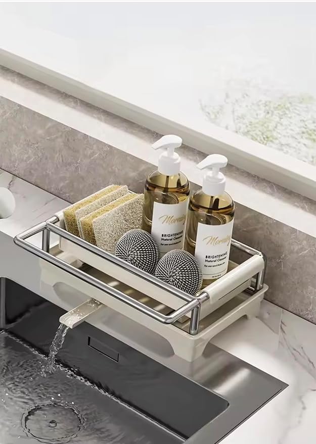 Kitchen Sink Caddy Organizer with Draining Tray and Towel Rail, Stainless Steel Sponge Holder, Dish Soap Storage Rack, Sink Organizer for Sponges, Scrub Brushes, Soap Bottles and Cleaning Supplies