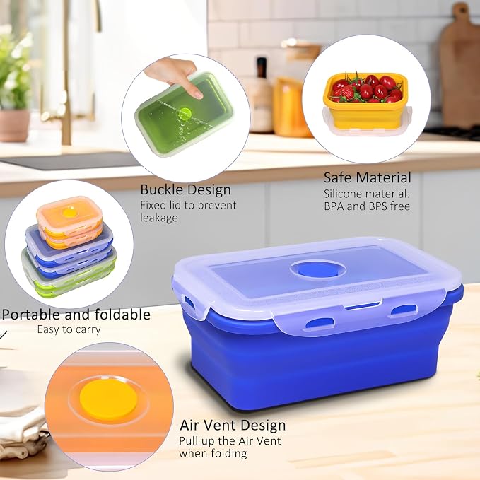 Collapsible Silicone Food Storage Containers With Lids, Set of 6 Foldable Storge Bowls, Bento Lunch Boxes for Kitchen, Camping, Rv, BPA Free