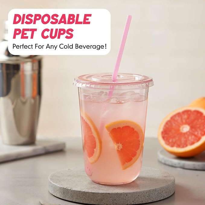 Ziliny 200 Sets Clear Round Bottom Plastic Cups with Lids and Straws, Cute Disposable Drinking Coffee Cups, for Christmas Valentine's Galentine's Day Party Wedding Birthday Supplies (16oz,Pink)