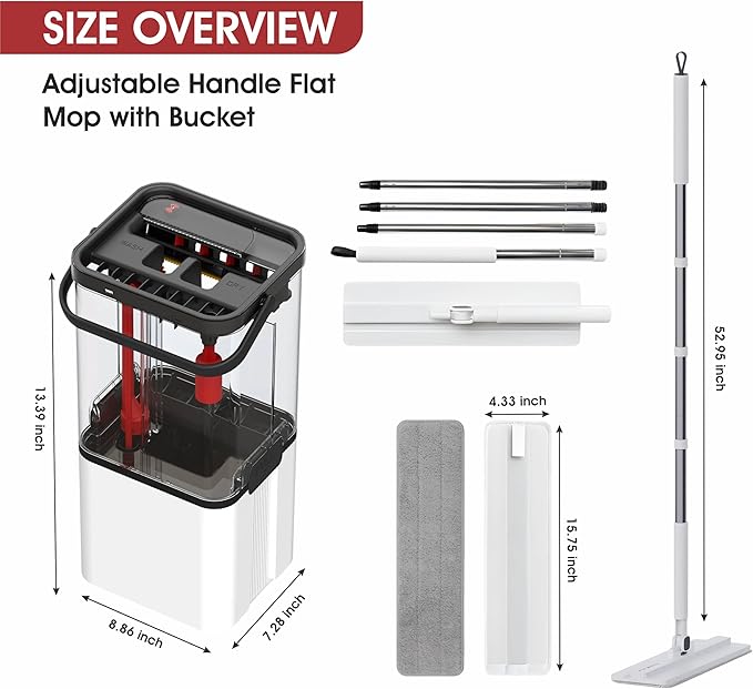 Self Cleaning No Dirt Flat Extendable Mop & Transparent Bucket System,Dual Chamber Design for Clean/Dirty Water Separation,Includes Microfiber Pads,Wet & Dry Floor Mop 360 (4 Refills)