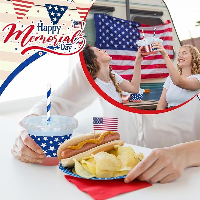 Whaline 100 Pcs 9Oz Patriotic Disposable Plastic Cups with Lids and Straws Red Blue 4th of July Star Stripe Cold Beverage Drinking Cups for Independence Day 250th Anniversary Party Supplies
