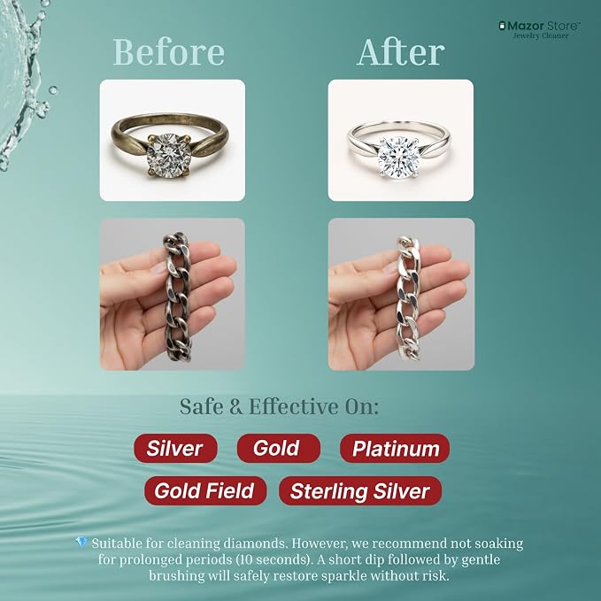 Silver Jewelry Cleaner, Instant Shine, 4-in-1 Gold, Platinum Jewelry Cleaner Solution, Brush, Large Polishing Cloth & Luxury Travel Box – Eco-Friendly, Tarnish Remover & Jewelry Cleaner Kit