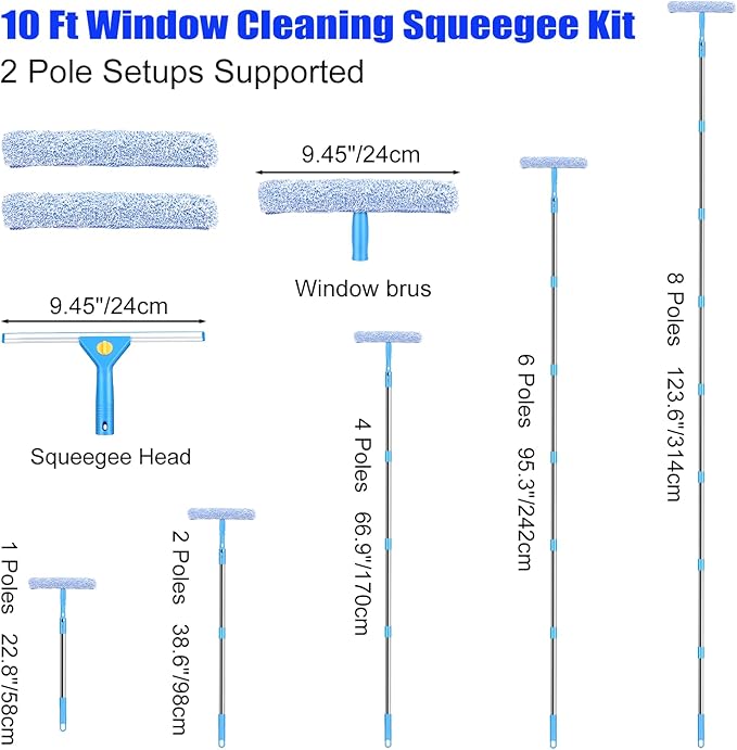Longzhuo 10 ft Professional Window Washing Kit with Extension Pole, 2 in 1 Squeegee for Window Cleaning Kit for Indoor/Outdoor High Window Glass, Car Windshield Cleaner Tool