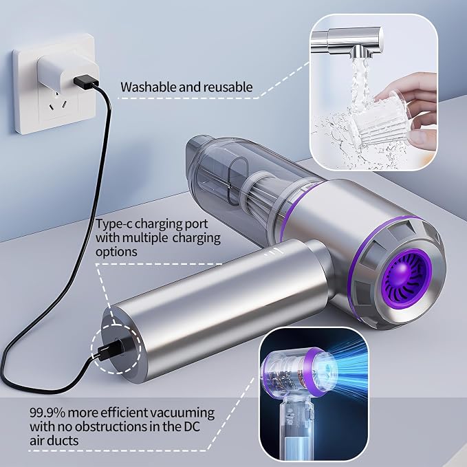 Brushless Handheld Car Vacuum （Equipped with a one-Touch Window Breaker and Seatbelt Cutter ）25000Pa Ultra-Strong Suction Ultra-Lightweight Mini Portable Vacuum Cleaner ，For Car ，Home (Silver-Purple)