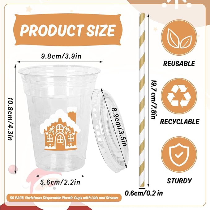 Whaline 50 Pcs 12 Oz Christmas Disposable Plastic Cups with Lids and Straws Gingerbread House Cold Beverage Drinking Cups for Winter Xmas Birthday Party Supplies