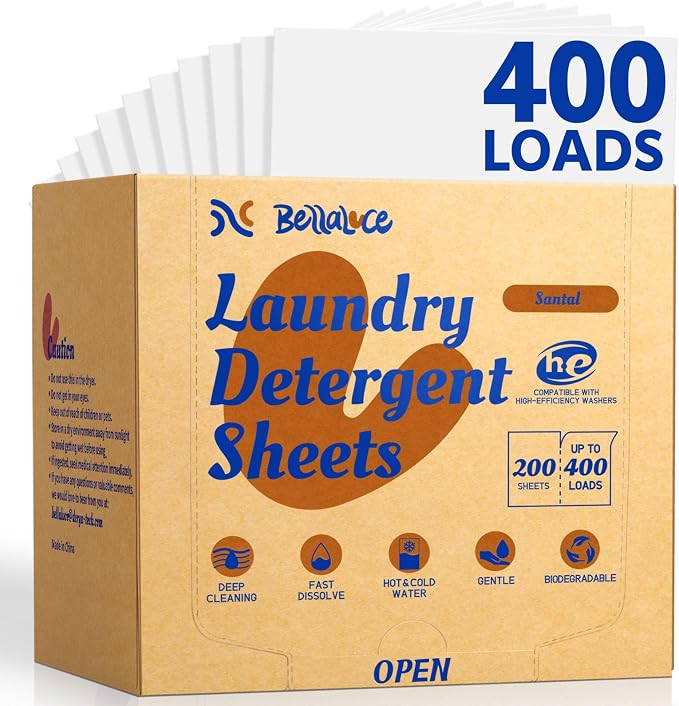 BellaLuce Laundry Detergent Sheets - Santal Scent, 400 Loads | Plastic-Free Laundry Detergent, Fast-Dissolving, Hypoallergenic Formula Laundry Sheets, Space-Saving for Home, Dorms & Travel