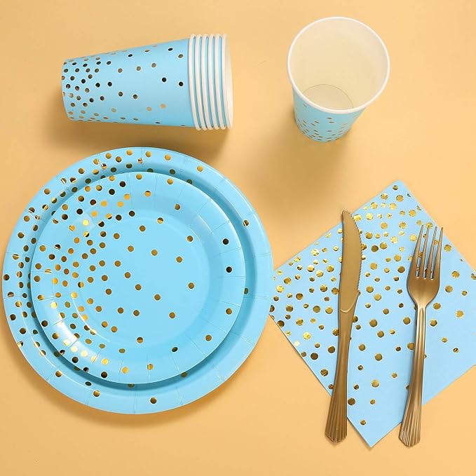 Blue and Gold Party Supplies 145PCS Golden Dot Disposable Party Dinnerware Includes Paper Plates, Napkins, Knives, Forks, Cups, Banner, for Baby Shower, Boy Birthday, Serves 24
