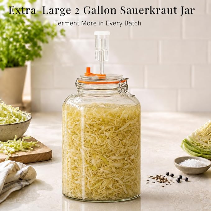 1Pack Fermentation Jar, 2Gallon Wide Mouth Glass Fermenting Kit with Airlocks for Making Sauerkraut, Kimchi, Pickles, Mead, Cider & More