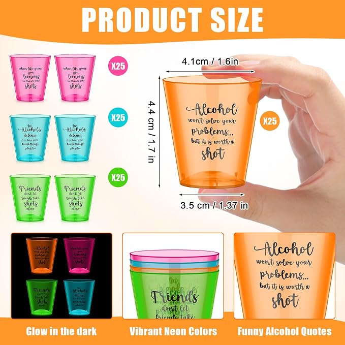 Roshtia 100 Pcs 2oz Funny Shot Glasses for Adults Friends Plastic Shot Cup Colorful Neon Disposable Mini Cups with sayings for Bachelorette Birthday Wedding Adult Party Favors Supplies