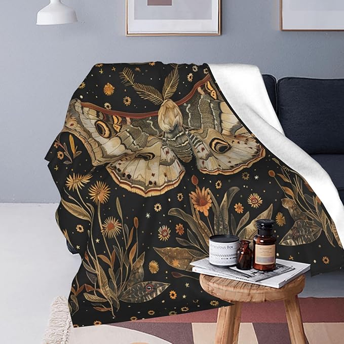 Moth Moon Blanket Witchy Vintage Butterfly Sunflower Decor Throw Blanket Comfy Plush Flannel Fleece Warm Soft Fuzzy Blanket Gothic Gifts for Girls Boys Women Teens for Room Bed Sofa Couch 50"X60"