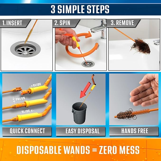 FlexiSnake Drain Weasel Sink Snake Hair Clog Remover Tool Kit, Sink, Pipe, Bathroom, Bathtub Drain Cleaner, 18-inch Long, Flexible, Made in The USA, 3 Pack Wand Refills and Removable Handle