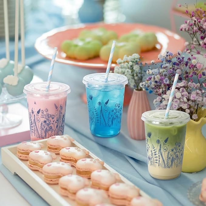 LemonRoad 50sets 16oz Blue Flower Cups Blue Birthday Party Decorations Supplies Cute Plastic Cups Disposable with Lids and Straws for Valentines Galentines Day Christmas Wedding Baby Shower