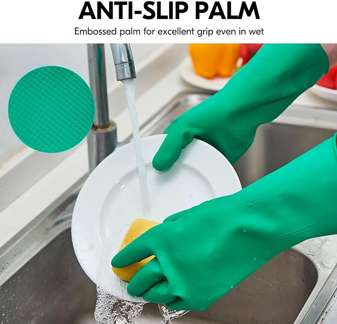 Vgo... 2-Pairs Reusable Household Gloves, Rubber Dishwashing gloves, Extra Thickness, Long Sleeves, Kitchen Cleaning, Working, Painting, Gardening, Pet Care (Size XL, Green, HH4601)