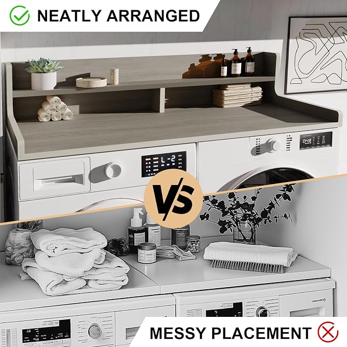 Washer Dryer Countertop, 54" x 27.55" 2-Tier Washer Dryer Topper with Edge, for Laundry Room Organization Pale Grey Wood