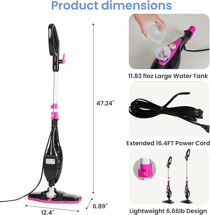 Simple Deluxe 10-in-1 Steam Mop, 1550W Detachable Handheld Steam Cleaner with 16FT Cord & 2 Pads, Multi-Surface Floor Steamer for Hardwood, Tile, Carpet, Windows, Pink