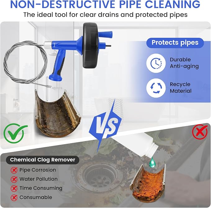 XJX Drain Auger, Plumbing Snake with Drill Adapter, 25FT Flexible Steel Drain Clog Remover, Manual or Powered for Kitchen, Bathroom & Shower Sink, with Gloves and Storage Bag