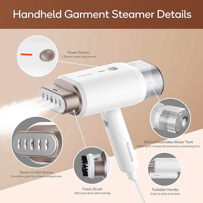 Newbealer Steamer for Clothes, 2 Steam Levels & Dry Iron, 120V Only (Gold) | Foldable & 20s Fast Heat, 360°Anti-Spill, 1200W 180ml Handheld Fabric Wrinkle Remover, 1.5 lbs Compact Size for Trip/Home
