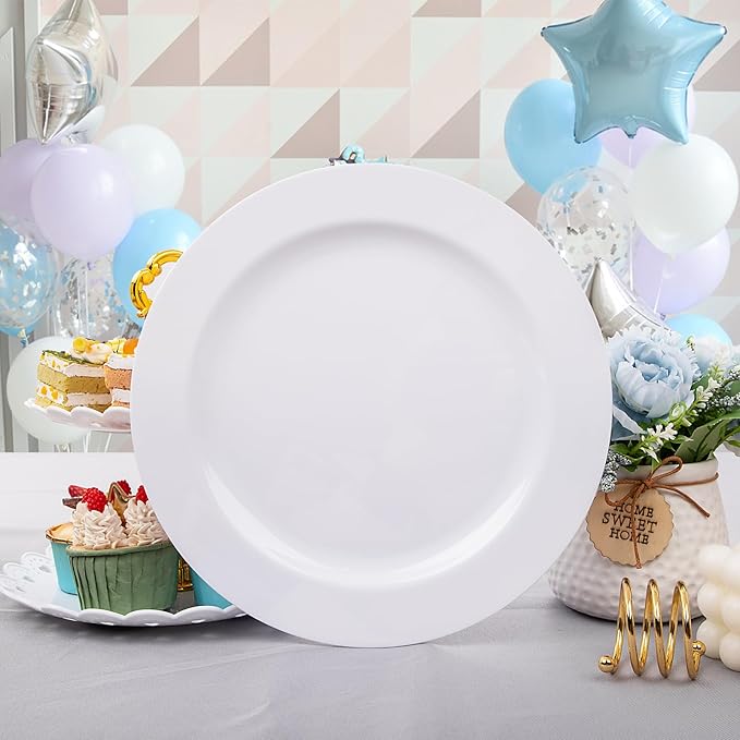 I00000 60Pcs White Plastic Dinner Plates 10 Inch, Premium Disposable Party Plates, Safe and Reusable, Heavy Duty Plastic Plates Perfect for Wedding Party