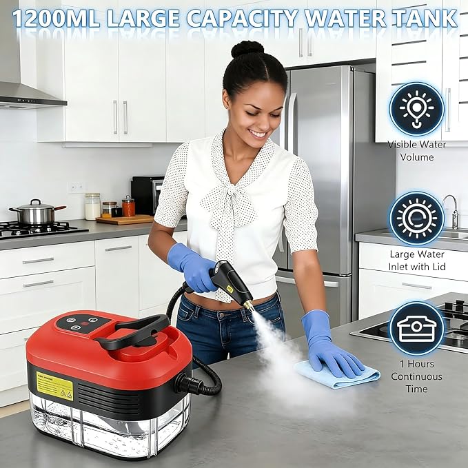 Handheld Steam Cleaner, 2500W Portable Steamer 10-Second Heat Up, 6 Adjustable Steam Levels & 36oz Tank – Includes Attachments for Floors, Windows(Red-Dual Control (Upgraded Touch Control))