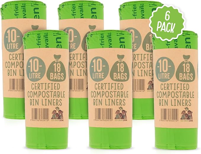 Eco Green Living 100% Compostable Caddy Liners, Biodegradable Food Waste Bags. Plastic & BPA-Free 10L Bin Liners, Vegan, Recyclable, Leakproof Kitchen Waste Bags, 6 Pack,108 Bags