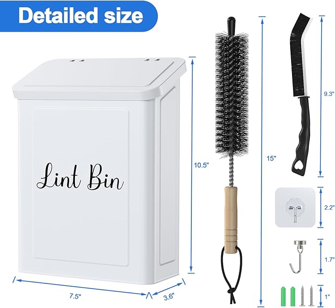 Magnetic Lint Bin for Laundry Room, Wall Mounted Metal Lint Box Holder Trash Can with Lid for Dryer, Lint Basket for Laundry Room Organization, White