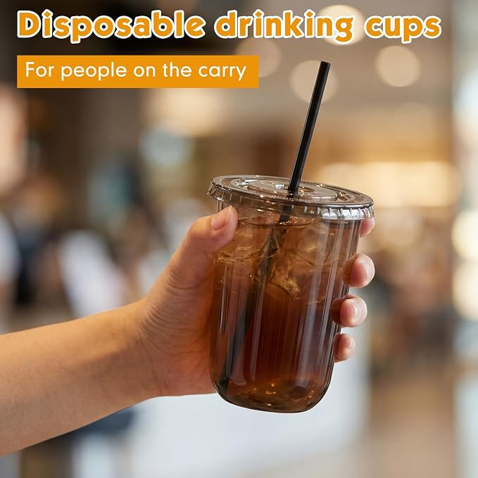 Ziliny 25 Set Black Plastic Cups with Lids and Straws, Disposable Iced Coffee PET Cups for Drinking Cold Beverage Juice Parfait Smoothie Milkshake Coffee Shops Party Supplies (16 oz)