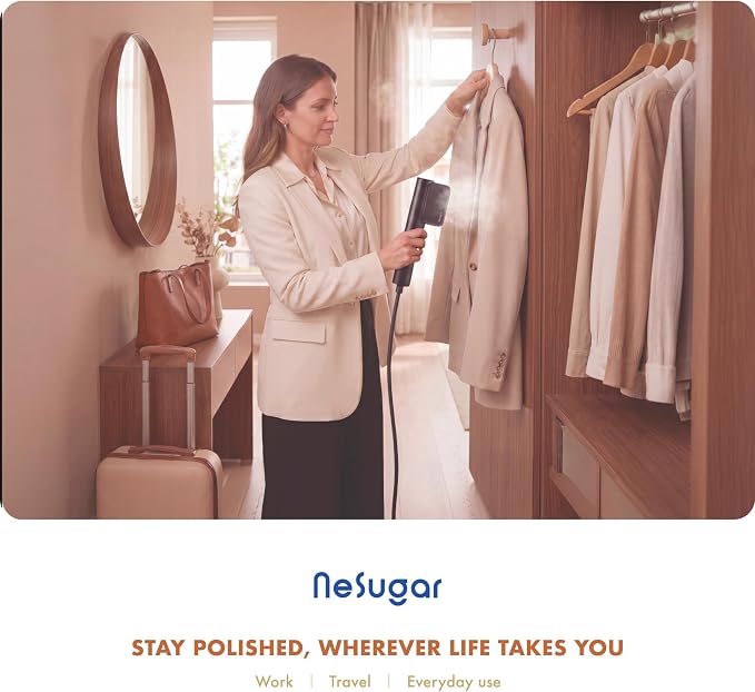 Nesugar G7 Dual Voltage Steamer for Clothes & Iron for Clothes - Mini Garment Steamer - Sleek Profile - Travel-Ready - Compact Size - Ergonomic Design - Quick Heat-Up - All-Garment Use - Black