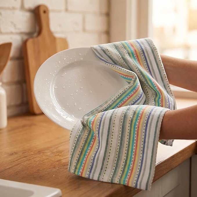 Urban Villa Kitchen Towels 100% Cotton Dish Towels for Kitchen(Set of 6)20”x30” Dish Cloths Highly Absorbent Kitchen Linen Set with Hanging Loop Perfect for Drying Dishes Cleaning Towels-Beige Stripes