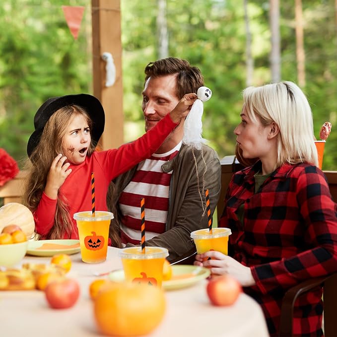 Whaline 50 Pcs Halloween Disposable Plastic Cups with Lids and Straws Orange Spooky Pumpkin Face Cold Beverage Drinking Cups for Trick or Treat Birthday Party Supplies