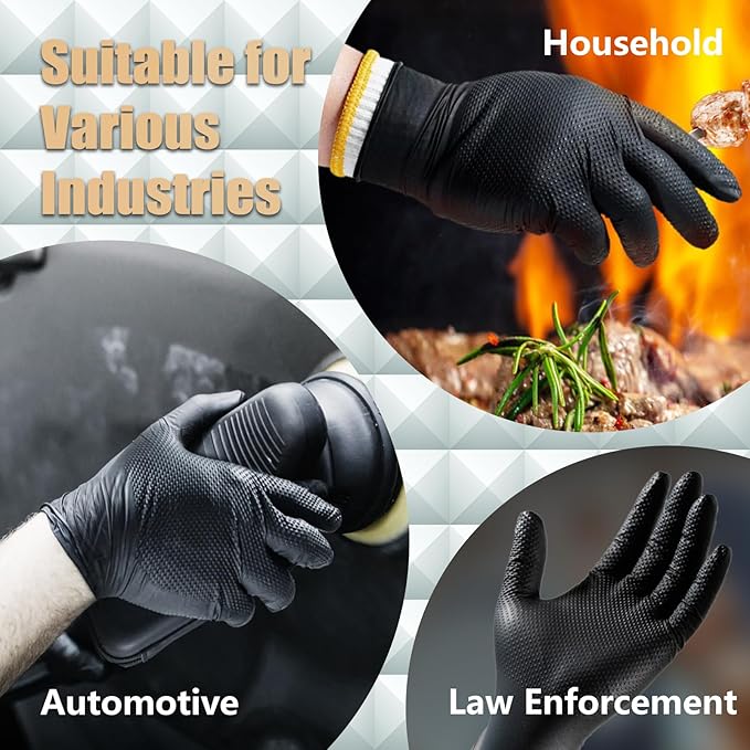 Heavy Duty Black Diamond Grip 8mil Nitrile Gloves - Industrial Grade, Puncture & Chemical Resistant Safety Gloves