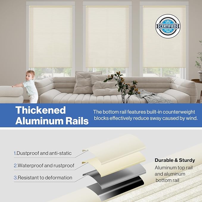 No Drill Cellular Shades, Cream 32" W x 48" H Cordless Light Filtering Pull Down Pleated Honeycomb Blind Thermal Insulated Easy Install for Indoor Window Bedroom Living Room Kitchen