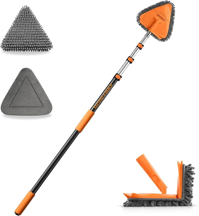 4-12 ft Wall Cleaner Tool with Extension Pole // 3-in-1 Wall Washer Mop for Painted Walls, Baseboards, Windows and High Ceilings // Long Handle Wall and Baseboard Cleaning Mop with 4 Replacement Pads