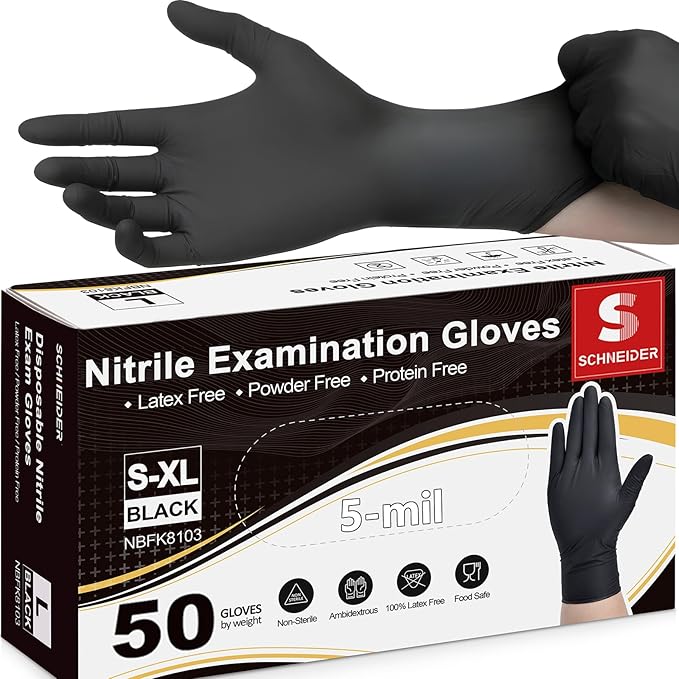 Schneider Black Nitrile Exam Gloves, 5 Mil Disposable Gloves, Latex Free & Powder Free, for Medical, Cleaning, Food Prep